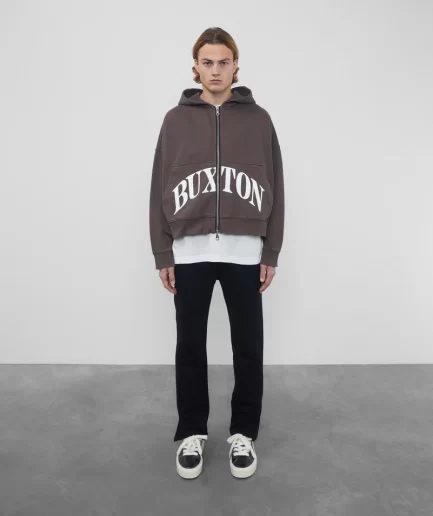 HEAVYWEIGHT CROPPED LOGO ZIP BROWN HOODIE